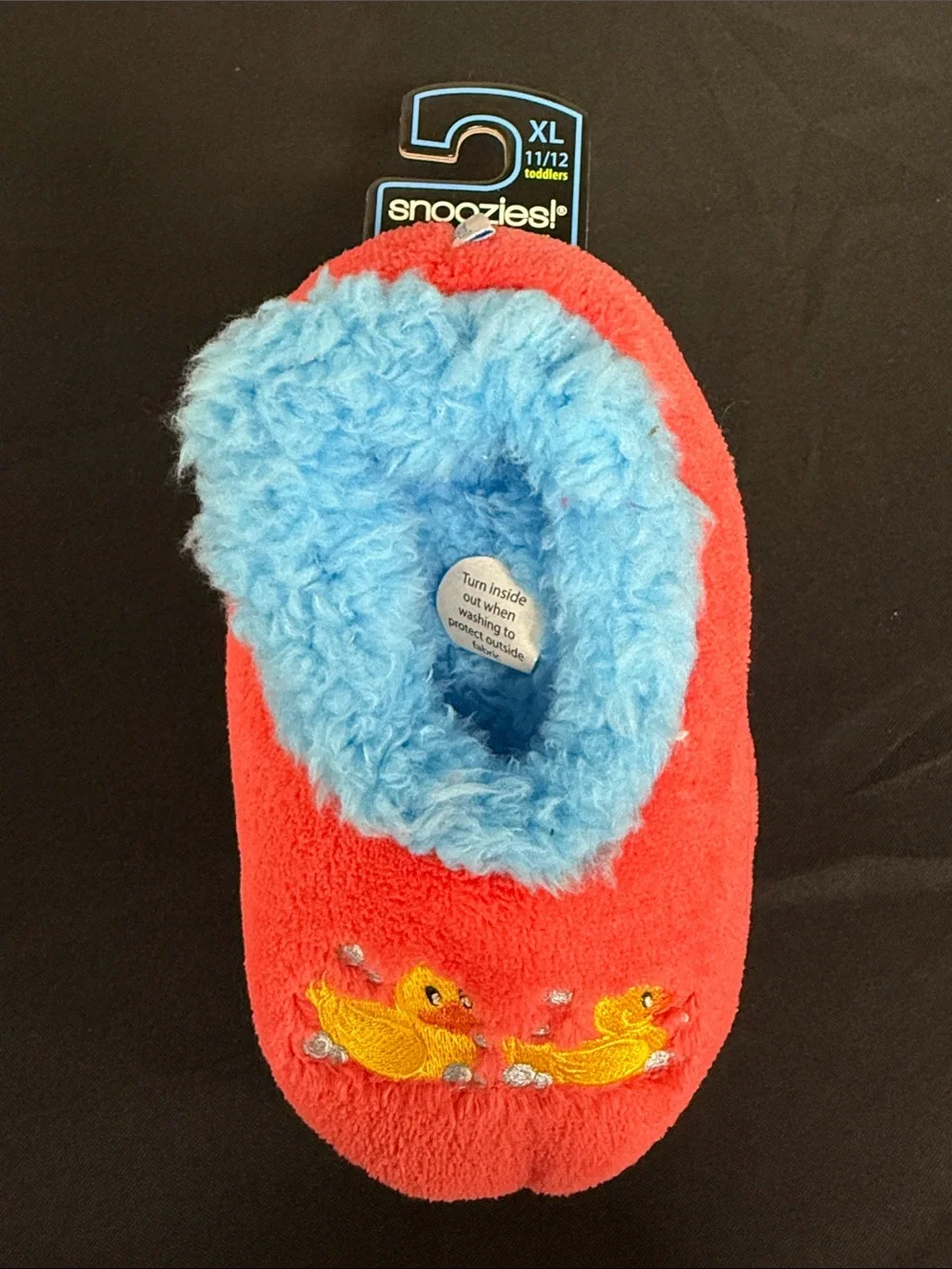 Snoozies! Toddlers Plush Slippers - Red with Blue Lining, Duck Embroidery